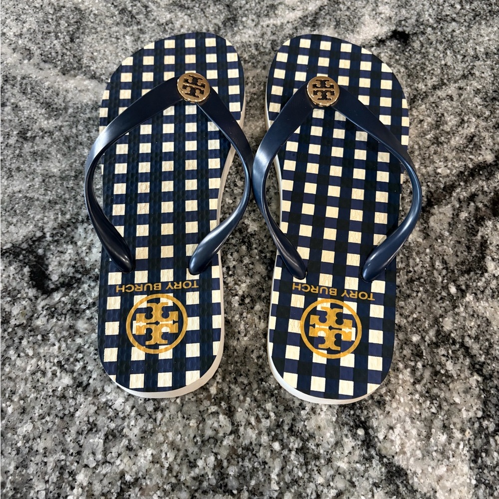 Tory Burch Navy and White Checkered Flip Flops